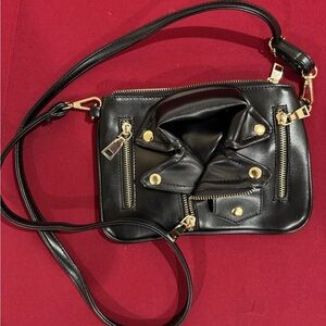 Black Faux Leather Crossbody Bag with Gold Hardware